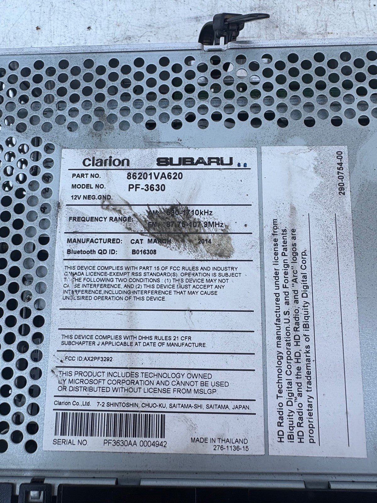 2015-2021 Subaru WRX STI OEM Clarion Radio AM-FM CD Player Receiver 86201VA620